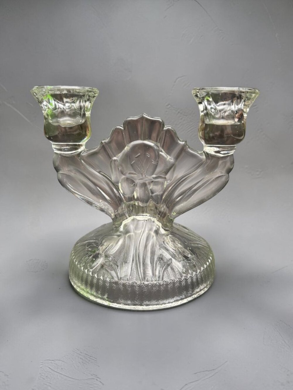 Vintage Clear Pressed Glass Double Candle Holder Jeanette Glass Co. Iris and Her